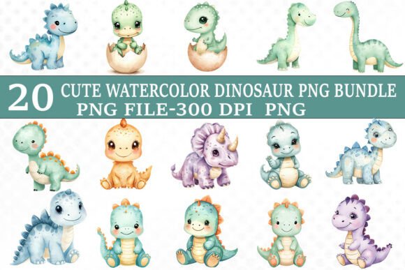 Cute Watercolor Dinosaur PNG Bundle