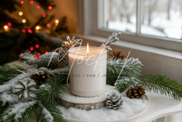 Snowy Window White Candle Mockup for Festive Branding